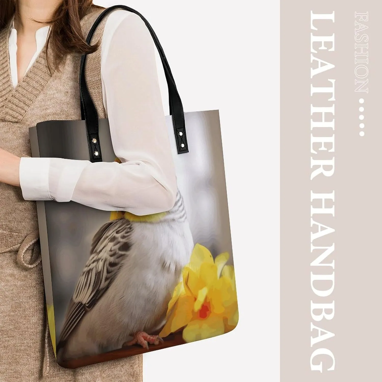 Leather Handbag for Women Tote Bag with Magnetic Buckle Cute Cockatiel Crossbody Bag Shoulder Bag