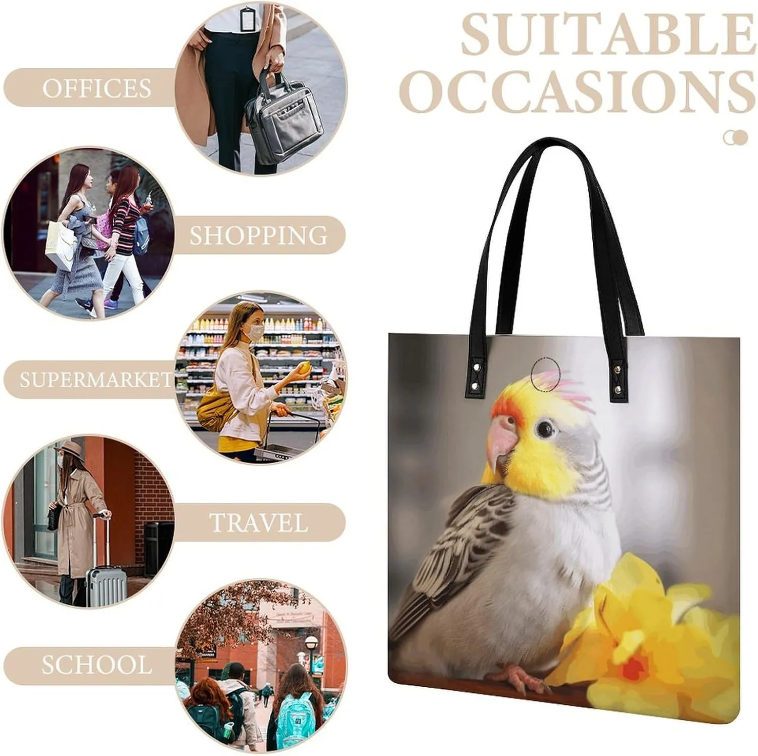 Leather Handbag for Women Tote Bag with Magnetic Buckle Cute Cockatiel Crossbody Bag Shoulder Bag