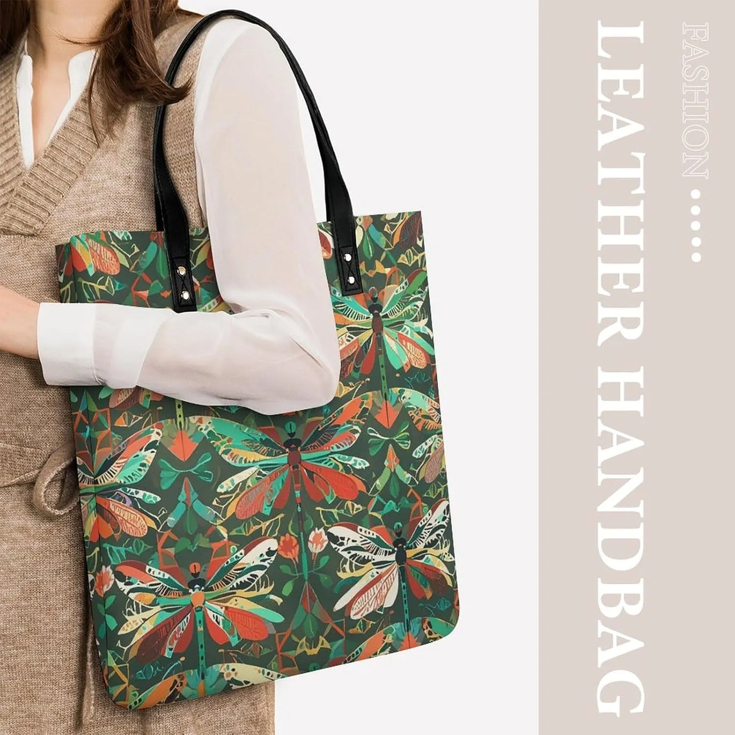 Leather Handbag for Women Tote Bag with Magnetic Buckle Lavender And Butterflies Crossbody Bag Shoulder Bags