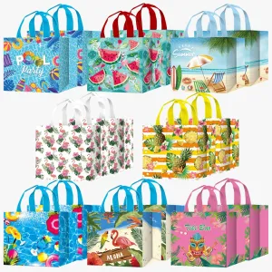 LECONCES Hawaii Summer Party Gift Bags, 16Pcs Pool Party Favors Gift Bags Hawaiian Luau Non Woven Gift Bags with Handles,Tiki Reusable Tote Bags Aloha Tropical Themed Bags for Pool Party Supplies