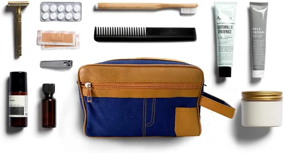 Liberty Leather - Canvas/Genuine Sheep Nappa Leather Unisex Luxury Toiletry Travel Bag | Bathroom Organizer with Multiple Compartments for Men and Women | Portable Cosmetic Case for Traveling Dopp Kit