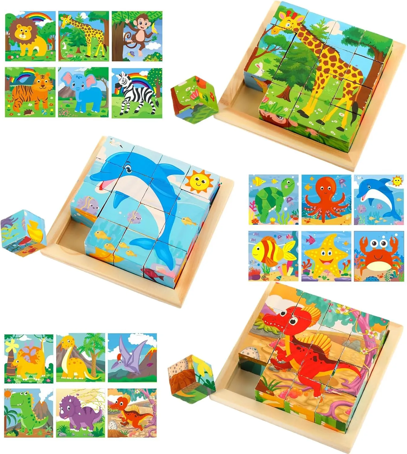 Libima 3 Packs Wooden Block Puzzles Cube Puzzle with Storage Tray, 6 in 1 Animal Puzzles Montessori Puzzle Interactive Learning Toy for Early Education Games Gifts, Ocean, Jungle, Dinosaur Styles
