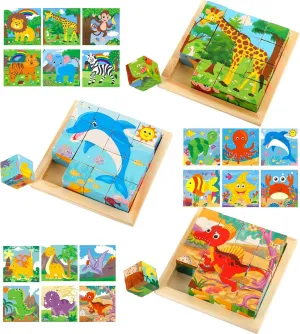 Libima 3 Packs Wooden Block Puzzles Cube Puzzle with Storage Tray, 6 in 1 Animal Puzzles Montessori Puzzle Interactive Learning Toy for Early Education Games Gifts, Ocean, Jungle, Dinosaur Styles