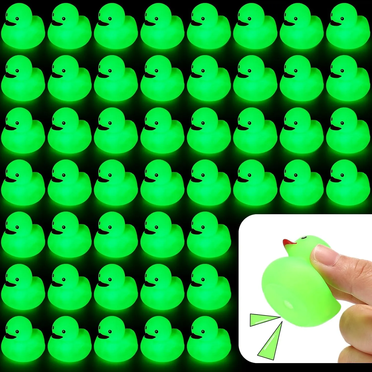 Liliful 50 Pcs Glow in The Dark Rubber Ducks 1.5 Inch Luminous Mini Rubber Duck Squeaky Floating Light up Bathtub Toys Mini Fluorescent for Shower Summer Pool Birthday Party (Green)