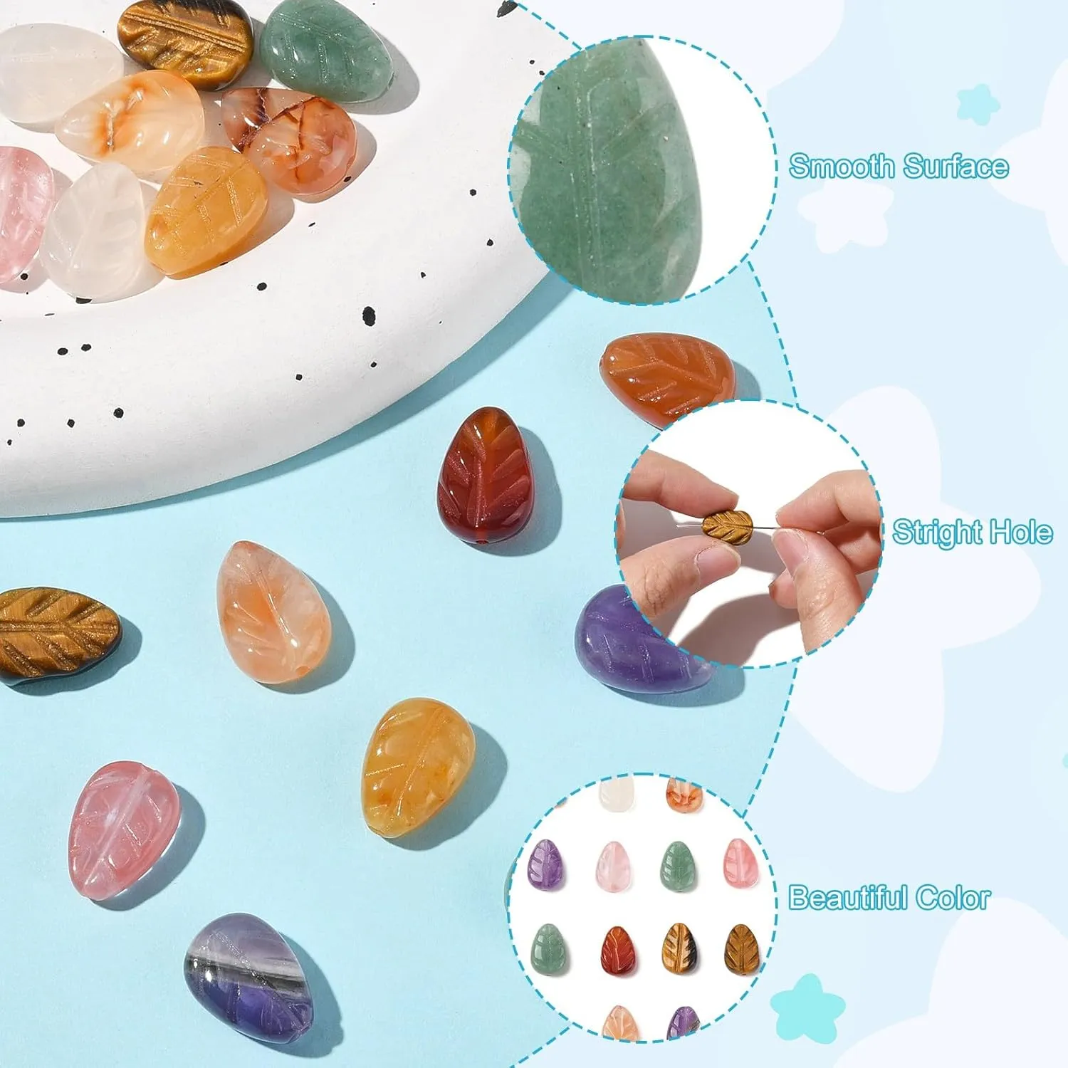 LiQunSweet 16 pcs 8 Styles Nature Gemstone Leaf Shape Beads Stone Tree Leaves Spacer Beads for DIY Jewelry Bracelet Necklace Earring Crafts Phone Keychain Bag Decor