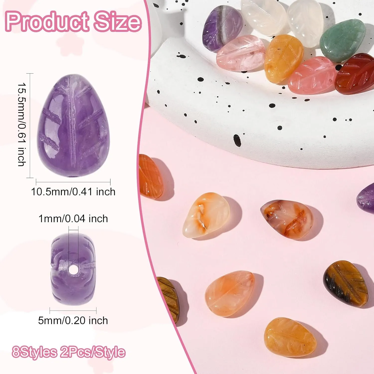 LiQunSweet 16 pcs 8 Styles Nature Gemstone Leaf Shape Beads Stone Tree Leaves Spacer Beads for DIY Jewelry Bracelet Necklace Earring Crafts Phone Keychain Bag Decor