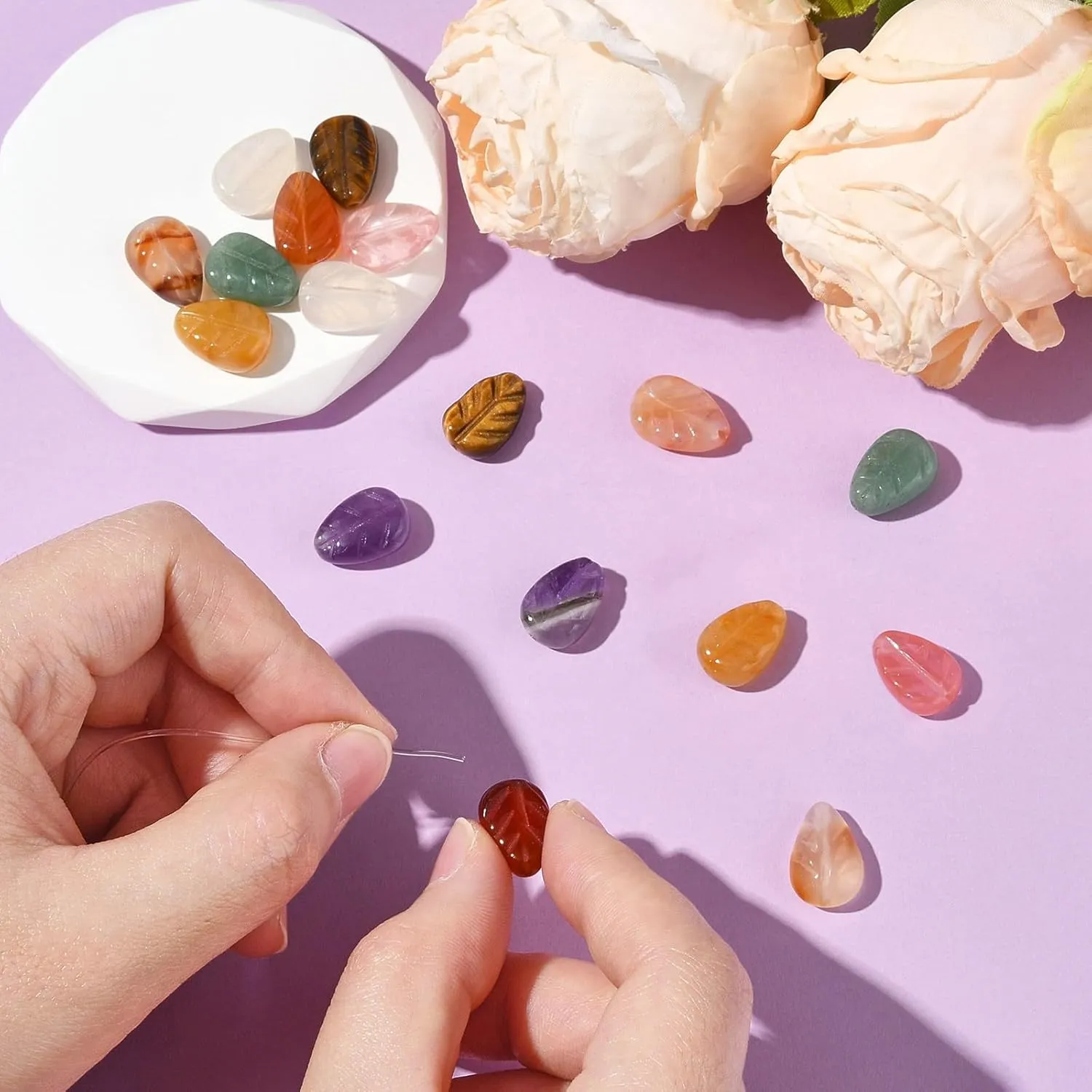 LiQunSweet 16 pcs 8 Styles Nature Gemstone Leaf Shape Beads Stone Tree Leaves Spacer Beads for DIY Jewelry Bracelet Necklace Earring Crafts Phone Keychain Bag Decor