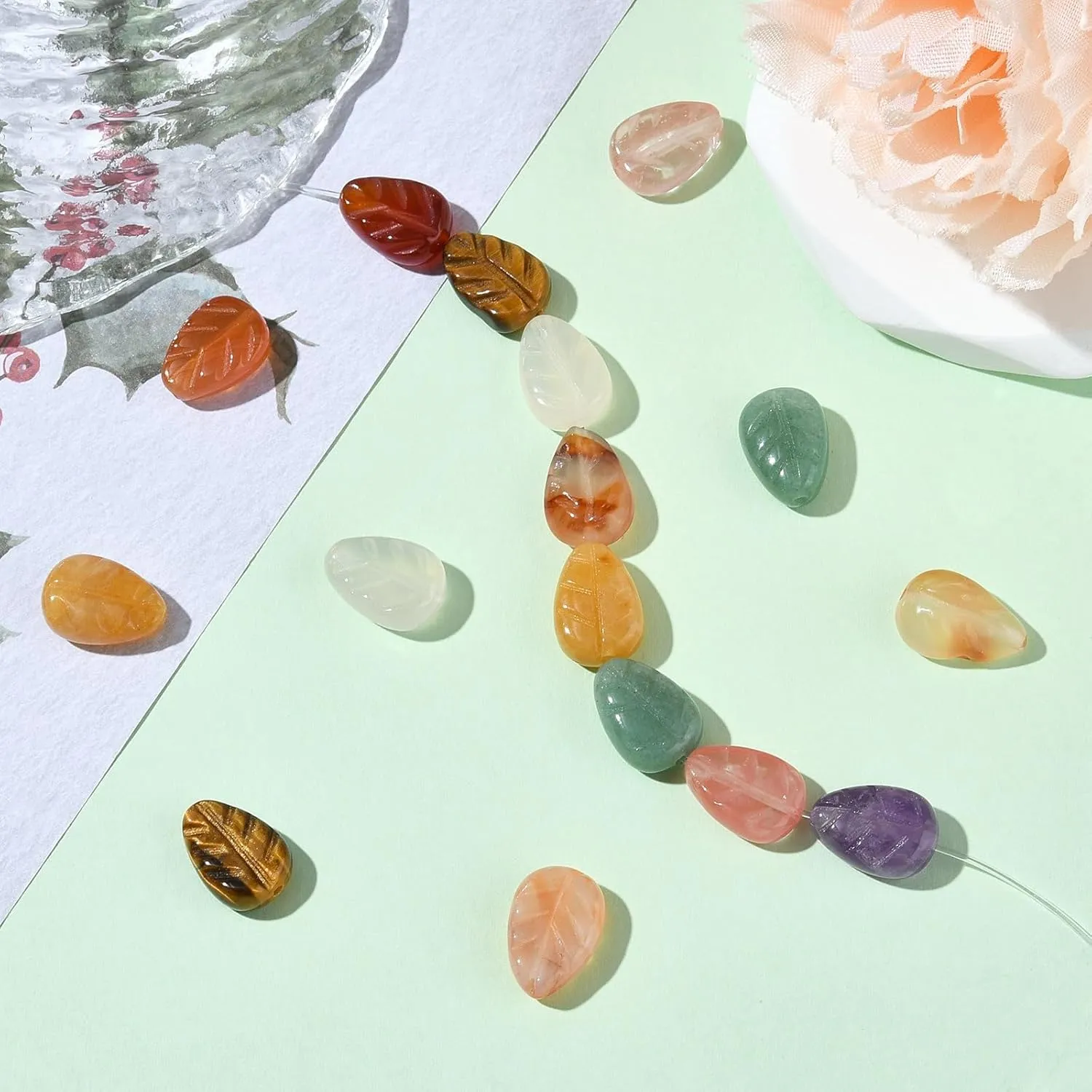 LiQunSweet 16 pcs 8 Styles Nature Gemstone Leaf Shape Beads Stone Tree Leaves Spacer Beads for DIY Jewelry Bracelet Necklace Earring Crafts Phone Keychain Bag Decor