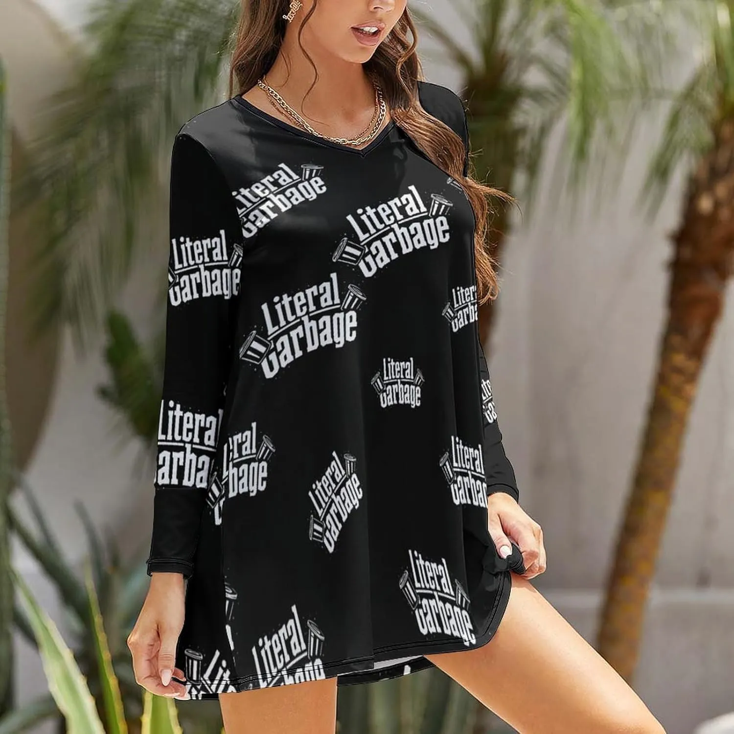 Literal Garbage Women's Long Sleeve Mini Dress Loose Fashion V-Neck Flowy Dresses