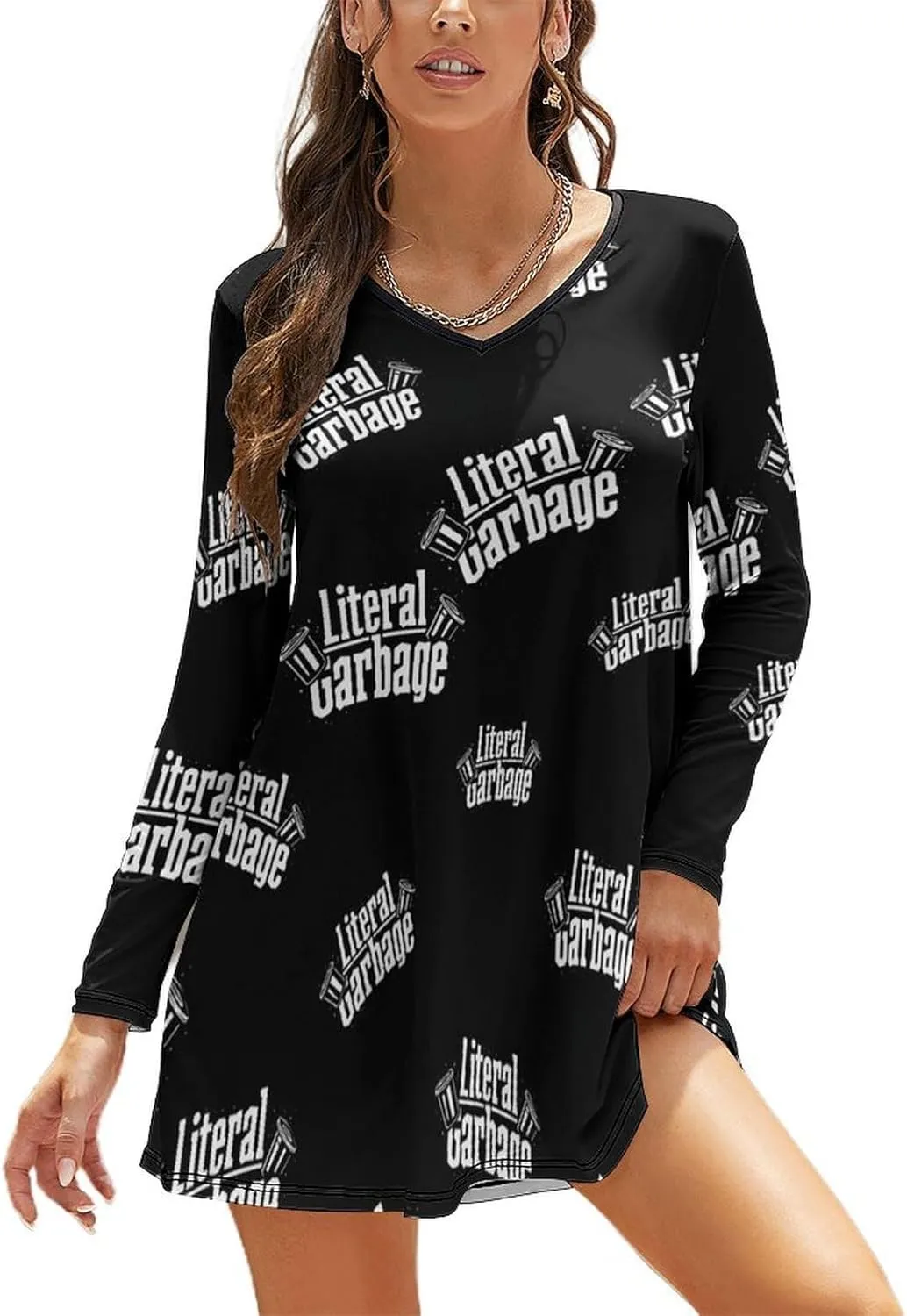 Literal Garbage Women's Long Sleeve Mini Dress Loose Fashion V-Neck Flowy Dresses
