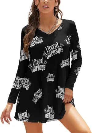 Literal Garbage Women's Long Sleeve Mini Dress Loose Fashion V-Neck Flowy Dresses