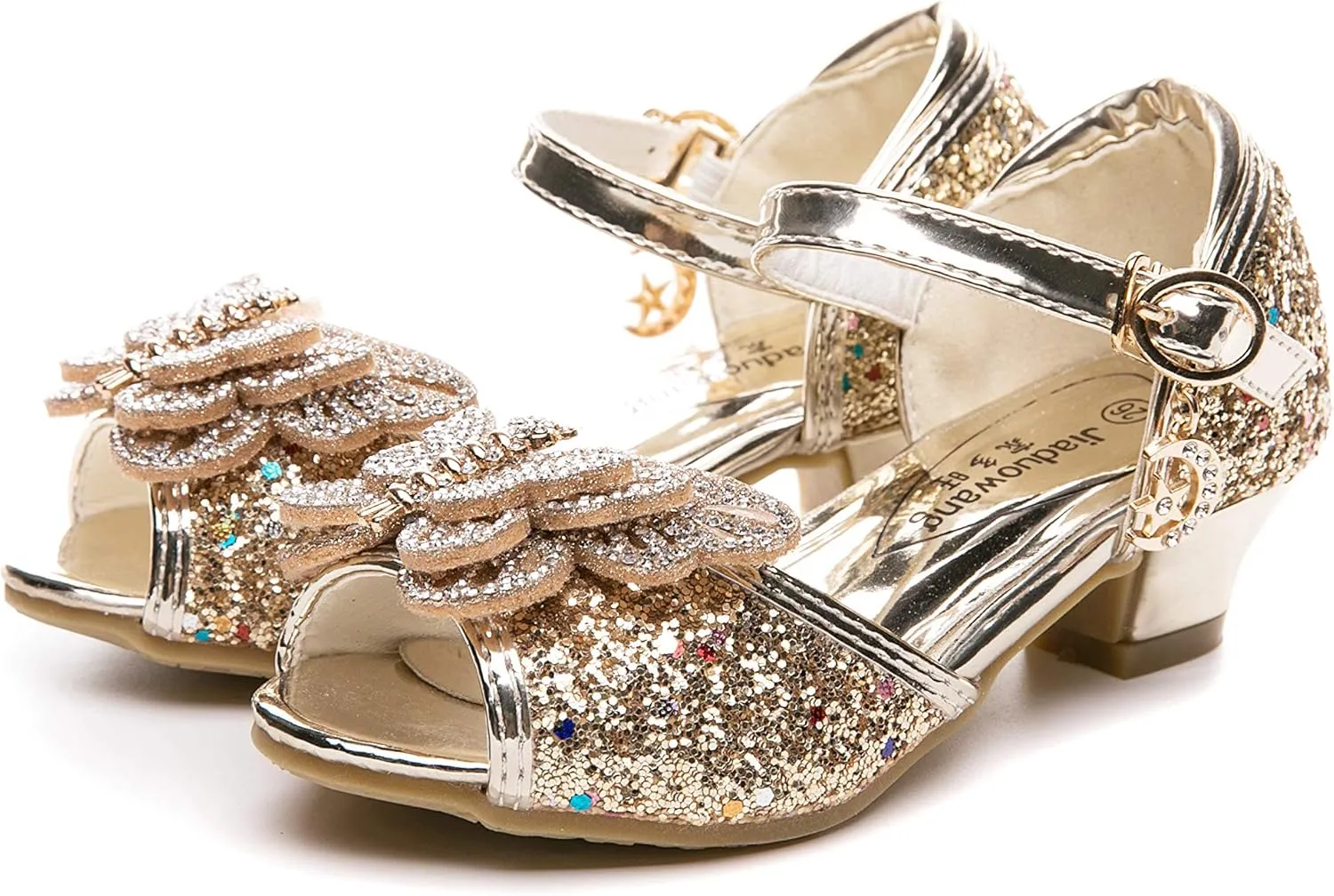 Little Girl's Sparkle Party Wedding Sandals Bow Strap Low Heels Princess Dress Shoes