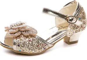 Little Girl's Sparkle Party Wedding Sandals Bow Strap Low Heels Princess Dress Shoes