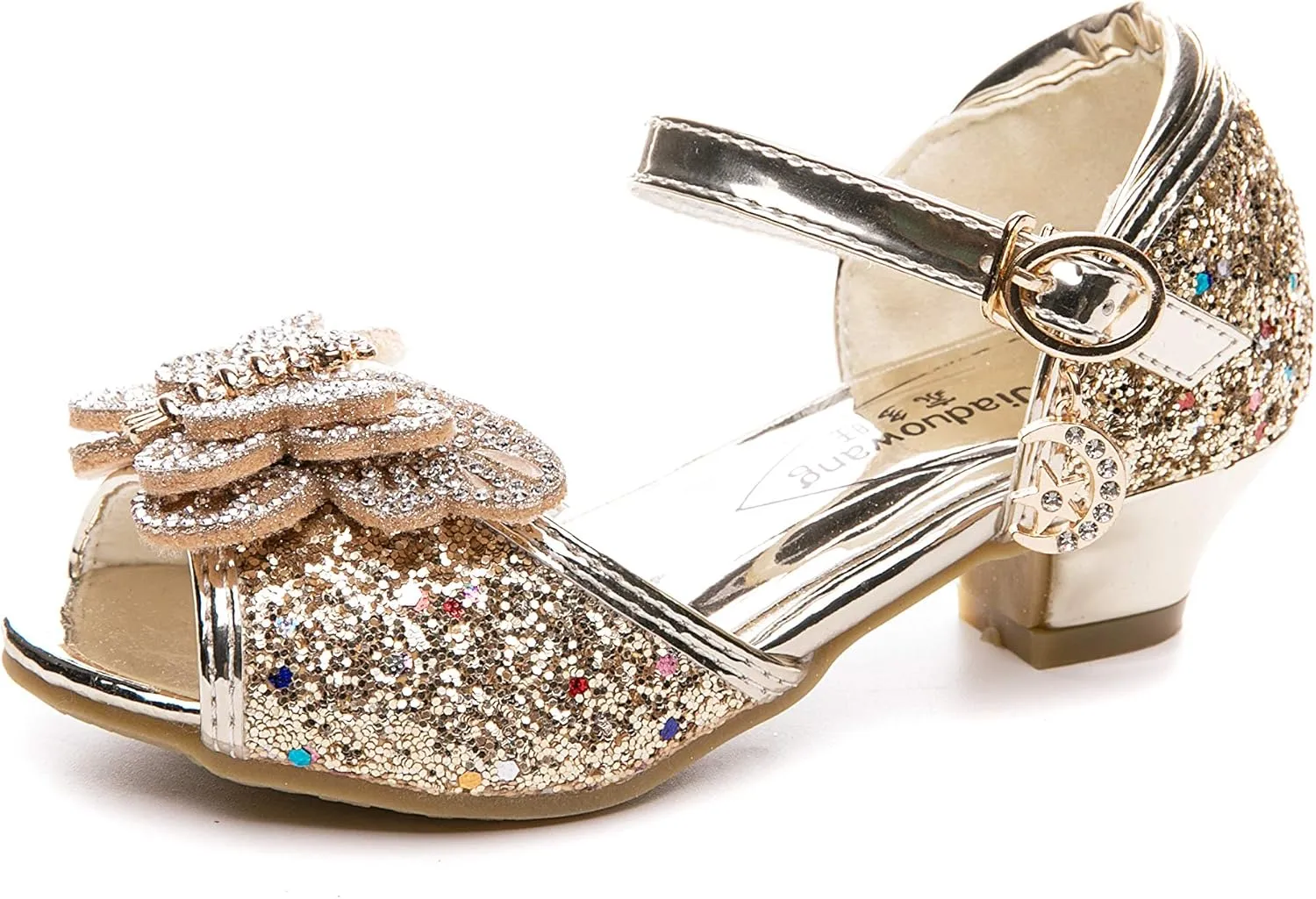 Little Girl's Sparkle Party Wedding Sandals Bow Strap Low Heels Princess Dress Shoes