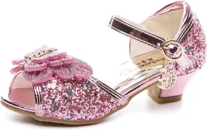 Little Girl's Sparkle Party Wedding Sandals Bow Strap Low Heels Princess Dress Shoes