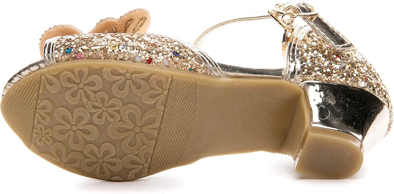 Little Girl's Sparkle Party Wedding Sandals Bow Strap Low Heels Princess Dress Shoes