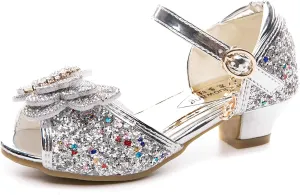 Little Girl's Sparkle Party Wedding Sandals Bow Strap Low Heels Princess Dress Shoes