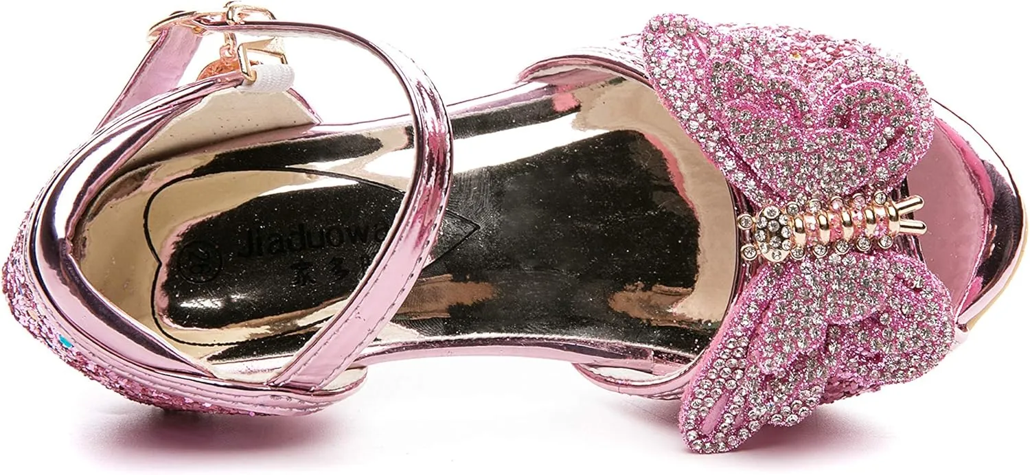 Little Girl's Sparkle Party Wedding Sandals Bow Strap Low Heels Princess Dress Shoes