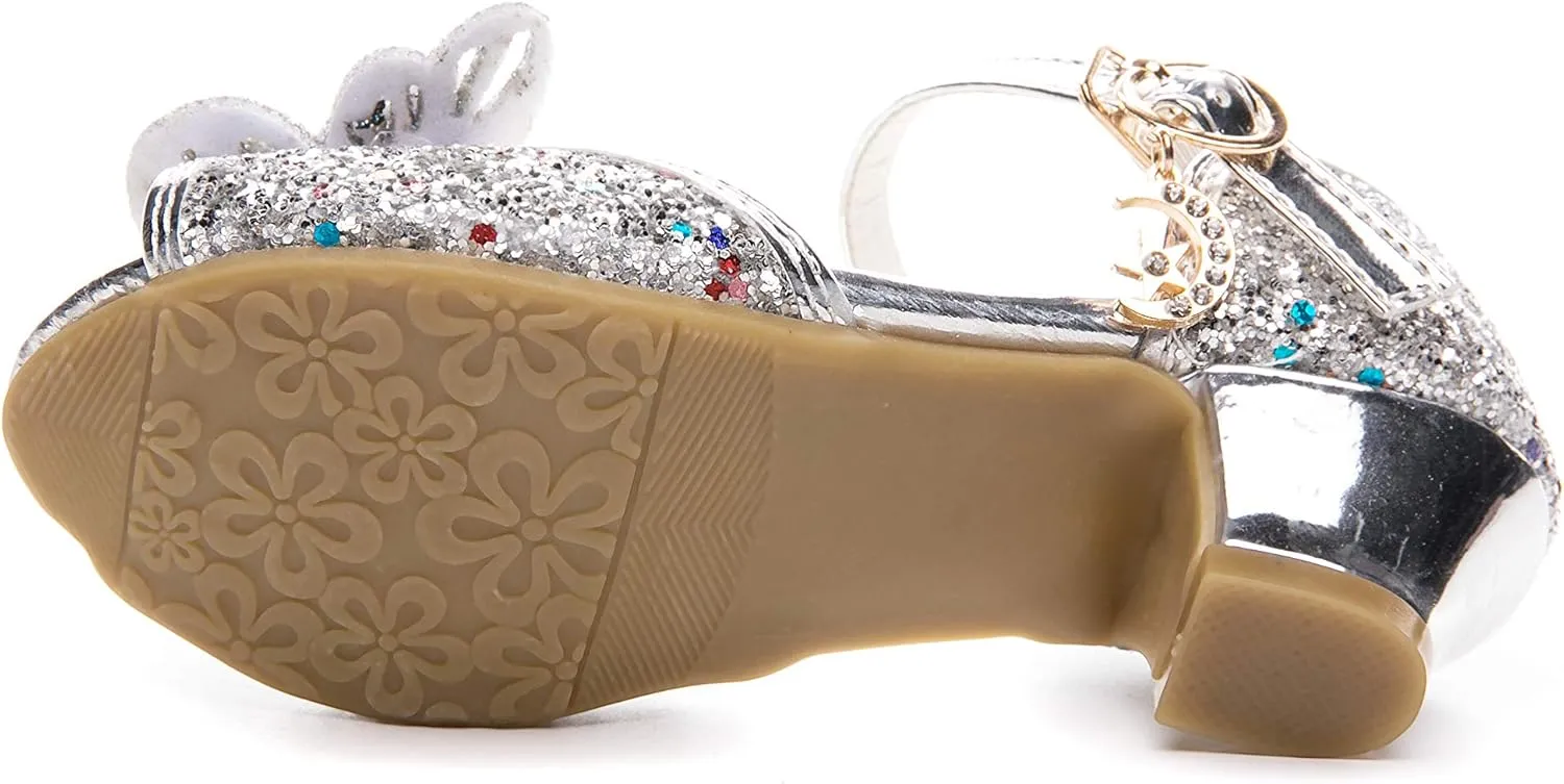 Little Girl's Sparkle Party Wedding Sandals Bow Strap Low Heels Princess Dress Shoes
