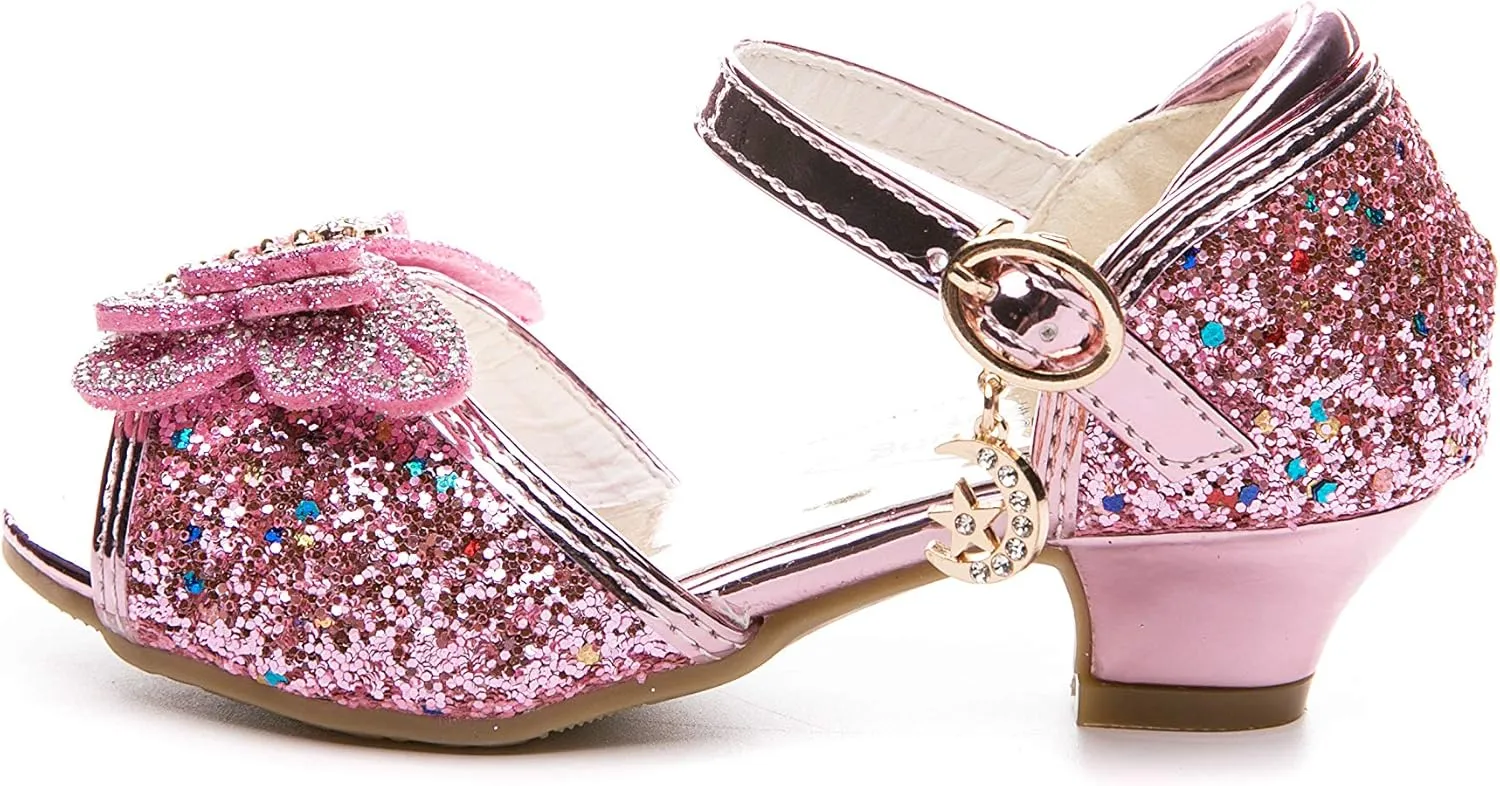 Little Girl's Sparkle Party Wedding Sandals Bow Strap Low Heels Princess Dress Shoes