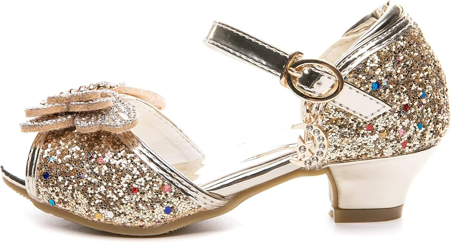 Little Girl's Sparkle Party Wedding Sandals Bow Strap Low Heels Princess Dress Shoes