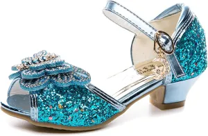 Little Girl's Sparkle Party Wedding Sandals Bow Strap Low Heels Princess Dress Shoes