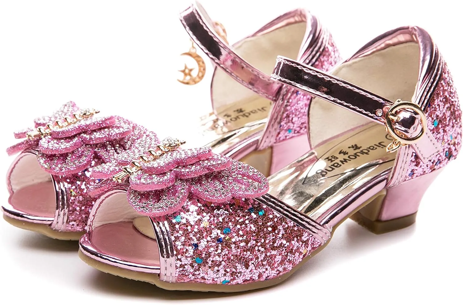 Little Girl's Sparkle Party Wedding Sandals Bow Strap Low Heels Princess Dress Shoes