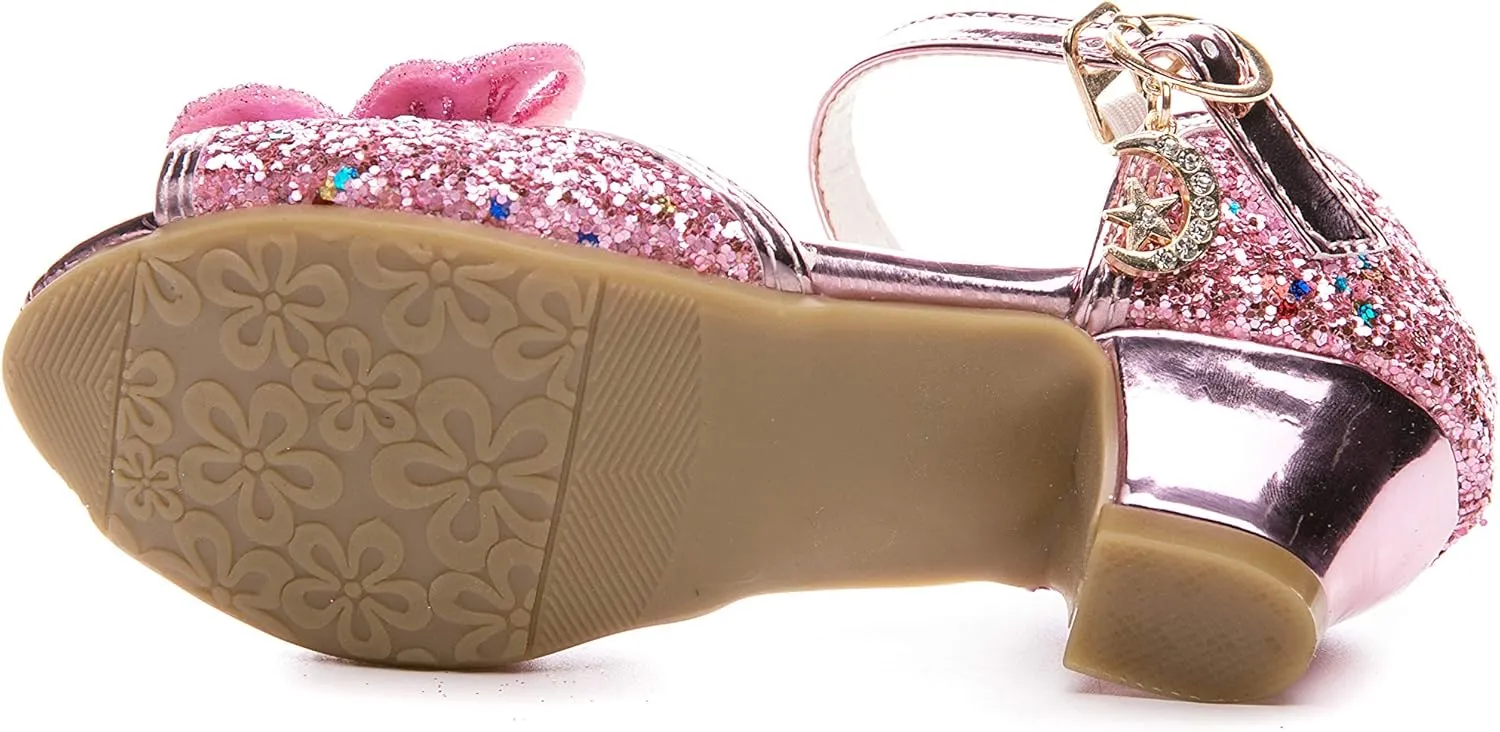 Little Girl's Sparkle Party Wedding Sandals Bow Strap Low Heels Princess Dress Shoes