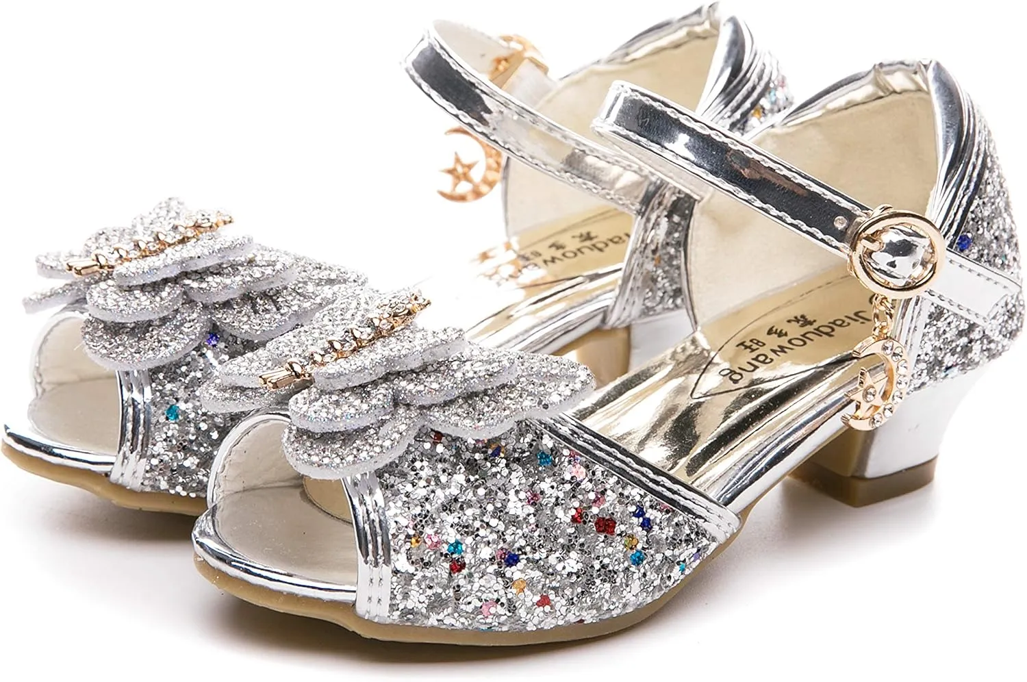 Little Girl's Sparkle Party Wedding Sandals Bow Strap Low Heels Princess Dress Shoes
