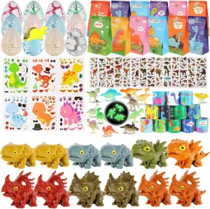 LiYiQ 84 Pcs Dinosaur Party Favors included Dinosaur Pull Back Cars Mini Hatching Dinosaur Eggs Slap Bracelets Make Your Own Dinosaur Stickers and Gifts Bags for Dinosaur Birthday Party Supplies
