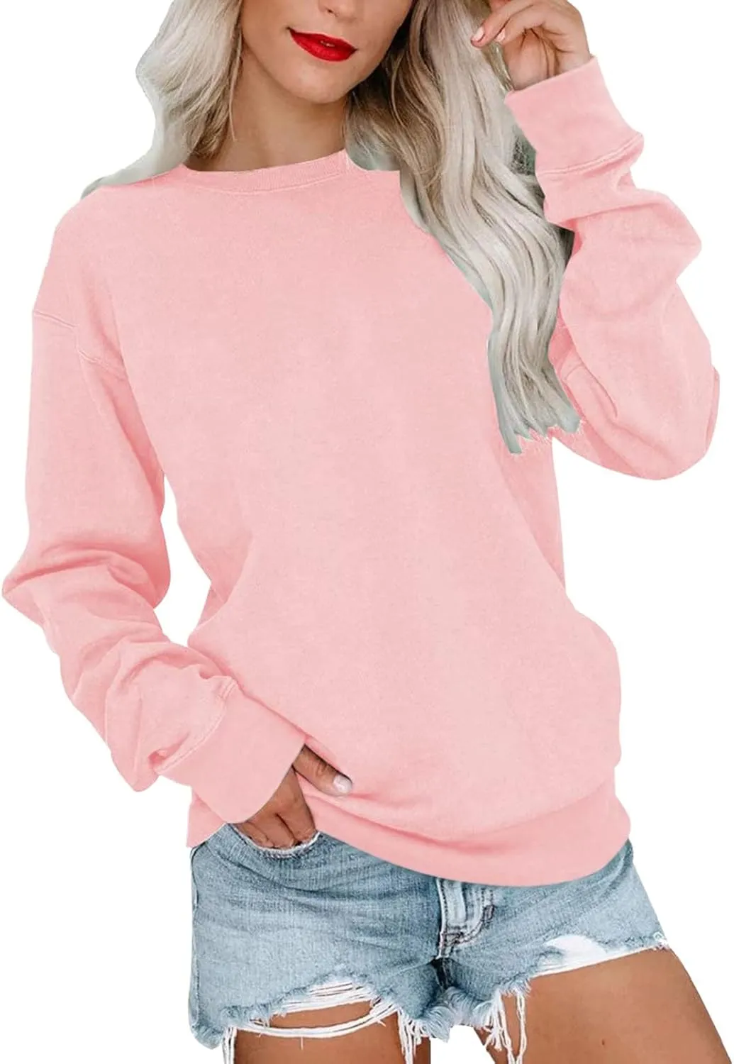 Long Sleeve Shirts for Women Oversized Crewneck Sweatshirt Casual Solid Color Pullover Blouse Loose Spring Tops 2024