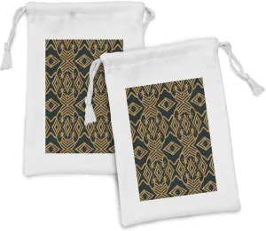 Lunarable Australian Fabric Pouch Set of 2, Abstract Tribal Motifs Aboriginal Patterns Traditional Ethnic Art, Small Drawstring Bag for Toiletries Masks and Favors, 9" x 6", Charcoal Grey and Amber