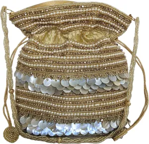 Luxury Bag Adorned With Pearls & Shells, Featuring Drawstrings For Convenient Closure & Wrist Handle For Effortless Carrying