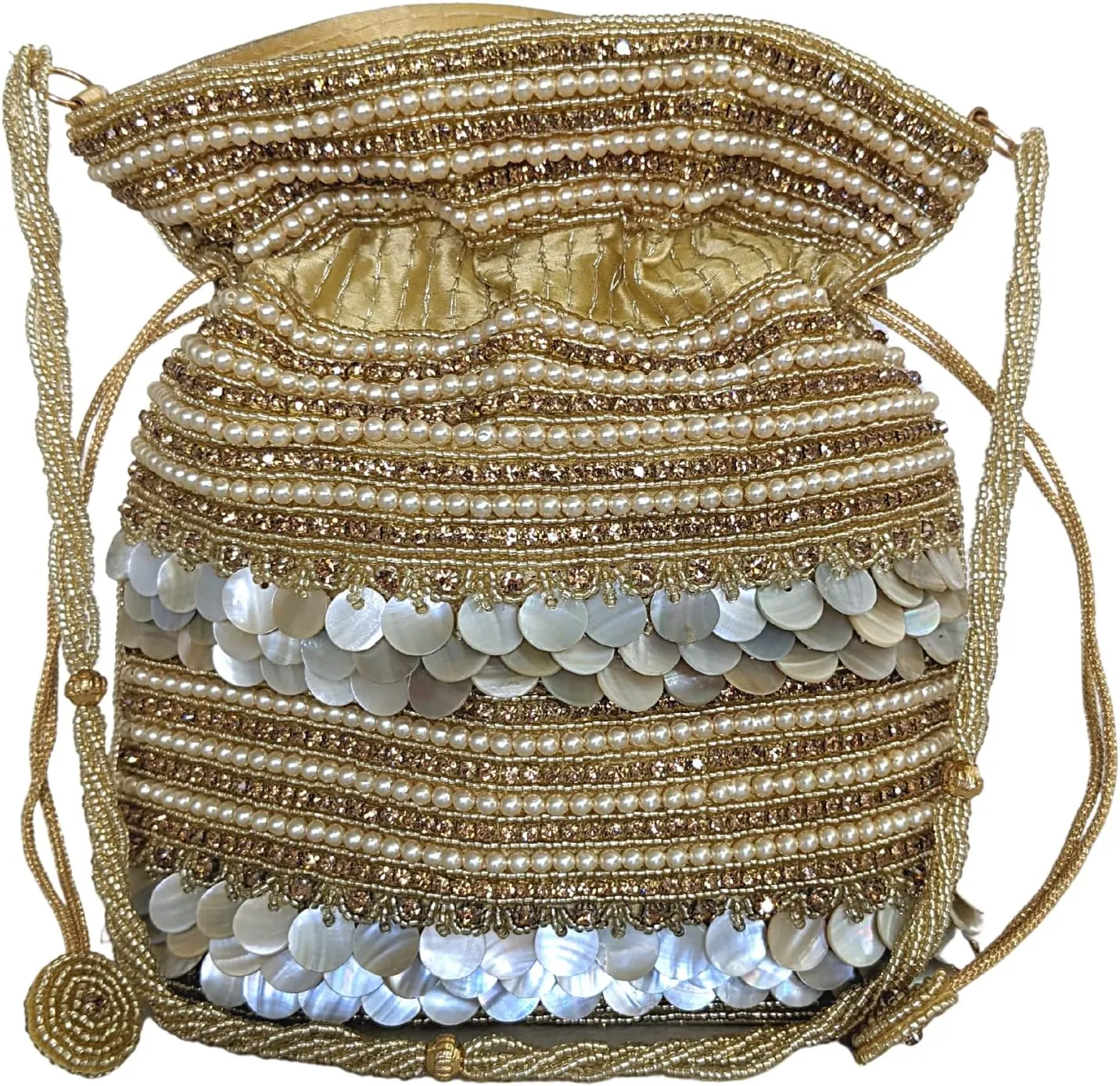 Luxury Bag Adorned With Pearls & Shells, Featuring Drawstrings For Convenient Closure & Wrist Handle For Effortless Carrying