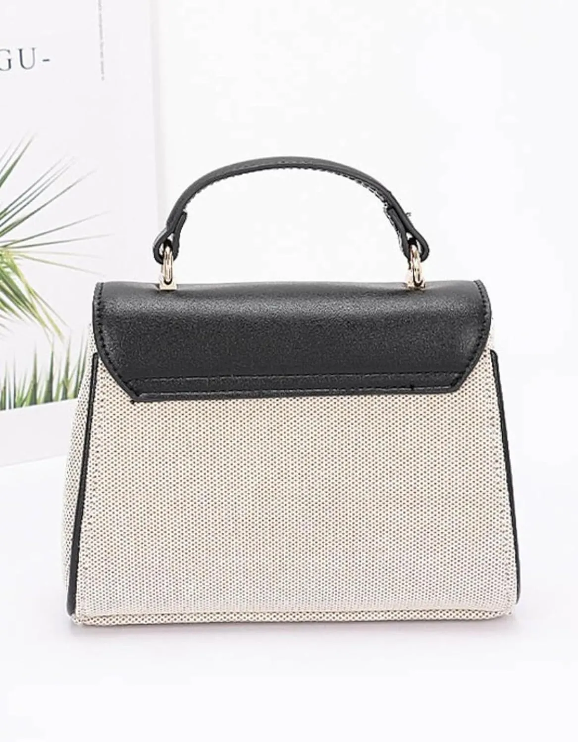 Luxury Vintage Top Handle Handbag for Women – Canvas Two Tone Crossbody Purse – Elegant Small Shoulder Bag with Gold Lock