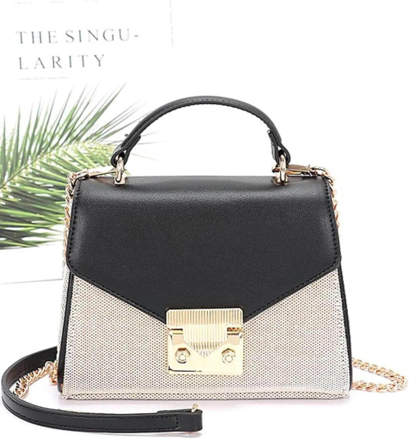 Luxury Vintage Top Handle Handbag for Women – Canvas Two Tone Crossbody Purse – Elegant Small Shoulder Bag with Gold Lock