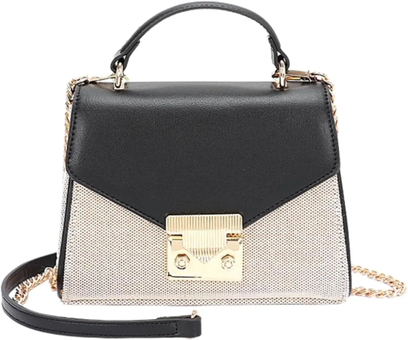 Luxury Vintage Top Handle Handbag for Women – Canvas Two Tone Crossbody Purse – Elegant Small Shoulder Bag with Gold Lock