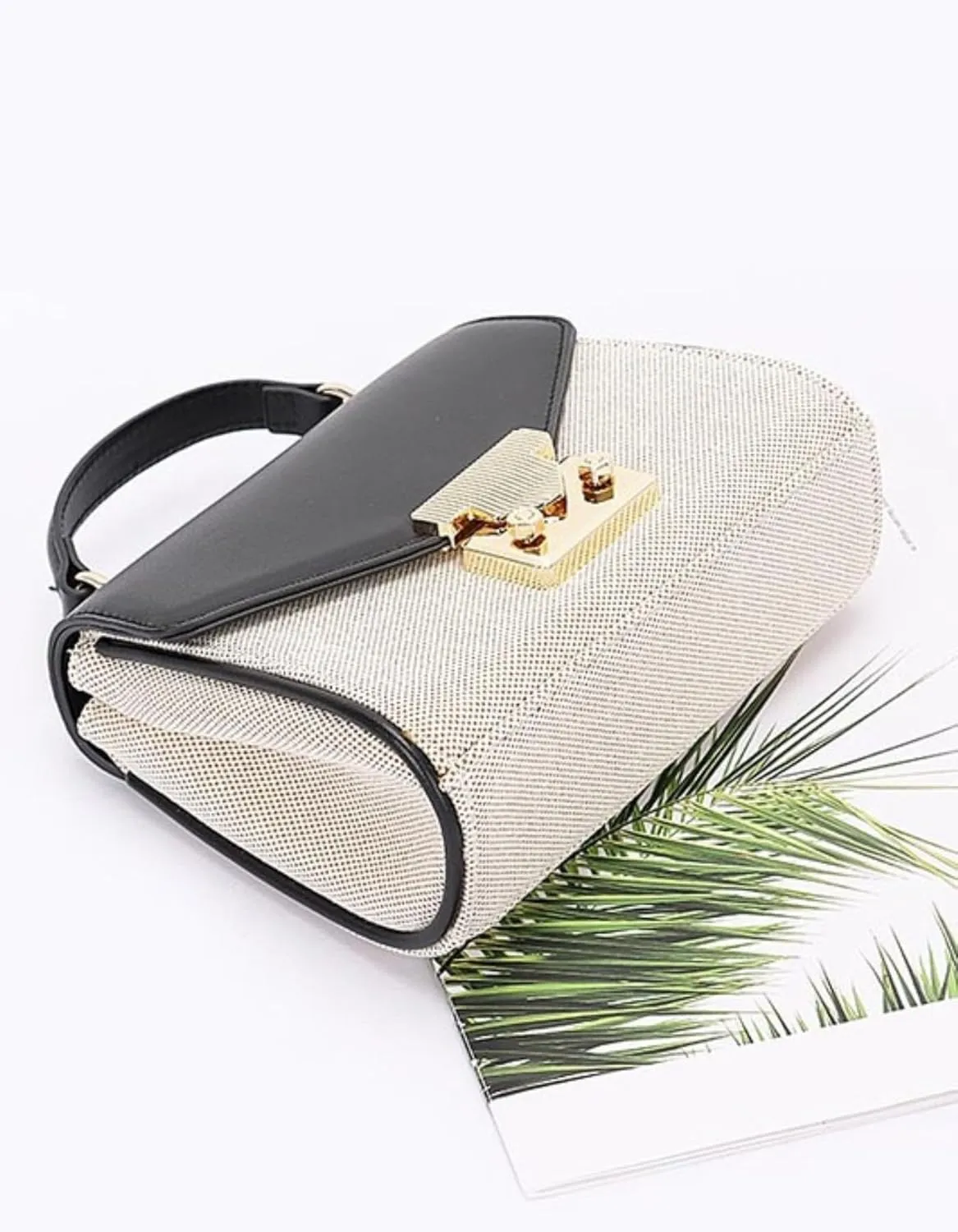 Luxury Vintage Top Handle Handbag for Women – Canvas Two Tone Crossbody Purse – Elegant Small Shoulder Bag with Gold Lock