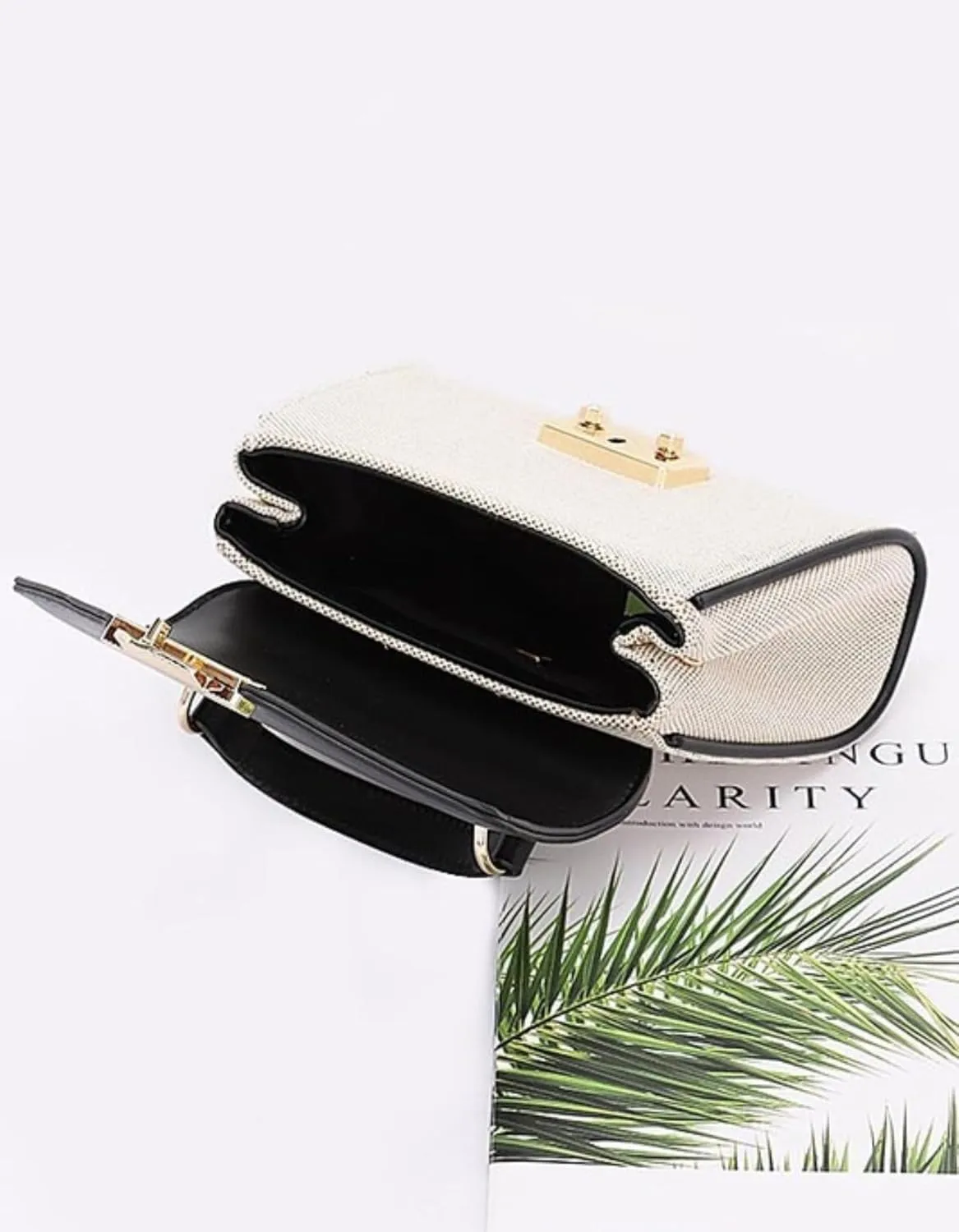Luxury Vintage Top Handle Handbag for Women – Canvas Two Tone Crossbody Purse – Elegant Small Shoulder Bag with Gold Lock