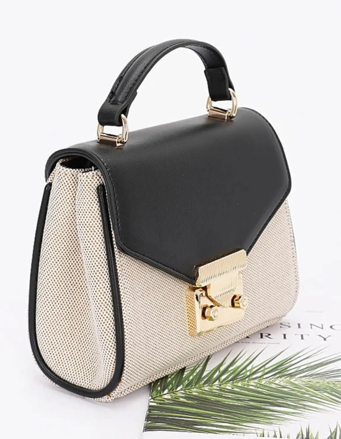 Luxury Vintage Top Handle Handbag for Women – Canvas Two Tone Crossbody Purse – Elegant Small Shoulder Bag with Gold Lock