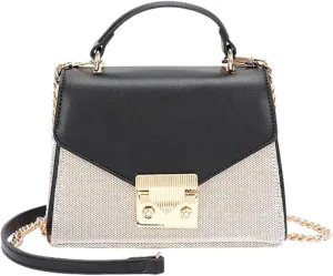 Luxury Vintage Top Handle Handbag for Women – Canvas Two Tone Crossbody Purse – Elegant Small Shoulder Bag with Gold Lock