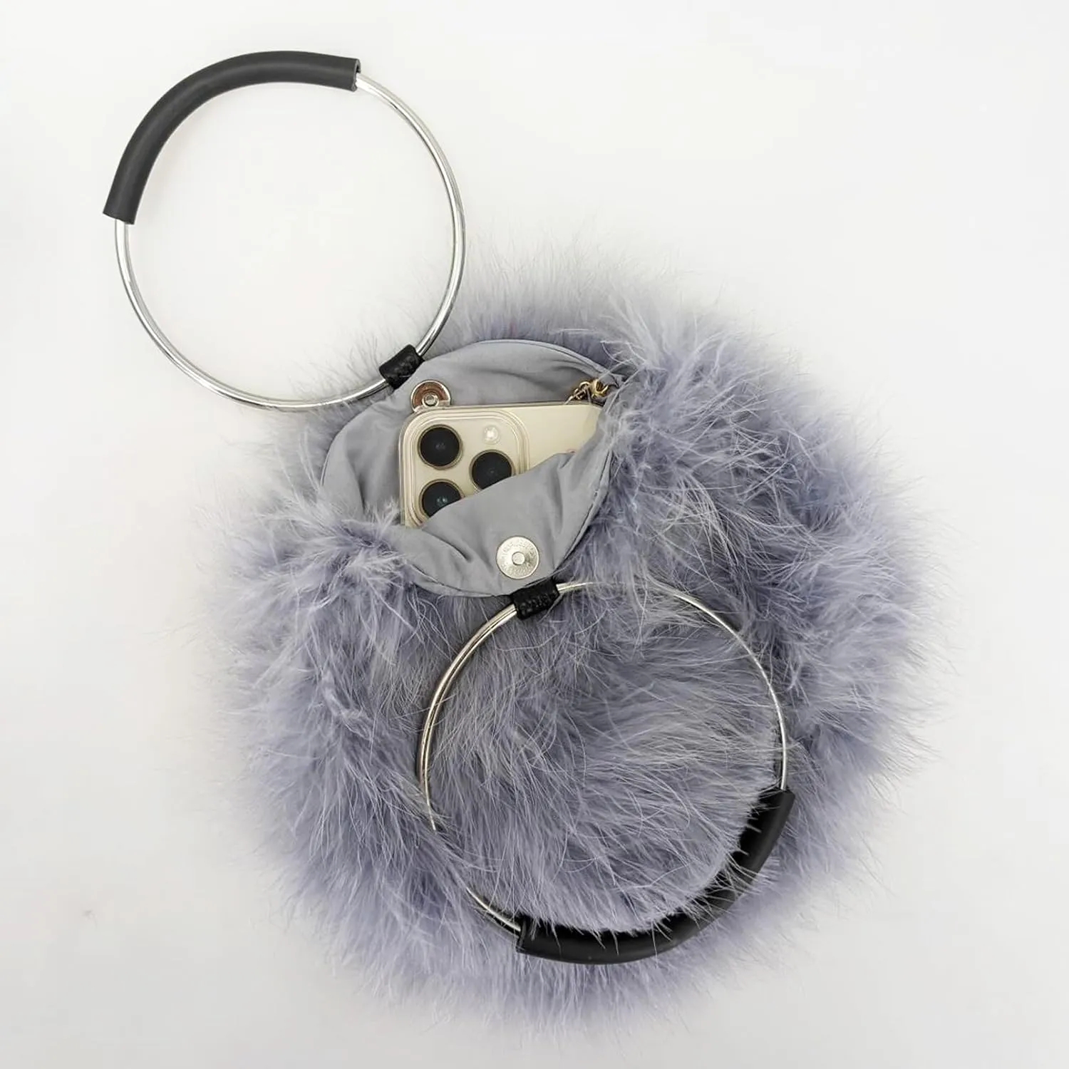 LVCOMEFF Women Furry Mini Handbag Wallet Round Purse Real Ostrich Feather Fluffy Plush Luxurious