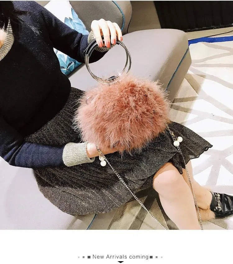 LVCOMEFF Women Furry Mini Handbag Wallet Round Purse Real Ostrich Feather Fluffy Plush Luxurious