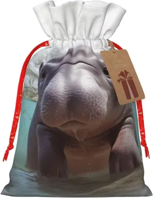 LZQPOEAS Christmas Gift Bag with Drawstring Burlap Gift Bag with Tags Christmas Drawstring Bag for Xmas Halloween Candy Bags Cute Hippo Gift Bags for Party Decorations Holiday Wedding Presents Medium