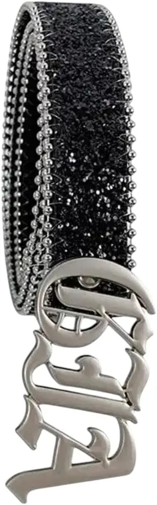 M89E Matte Letter Buckle Belt For Women Her Blingbling Sequined Belt Bead Trim Belt For Pants Dress Fashion Waist Accessory