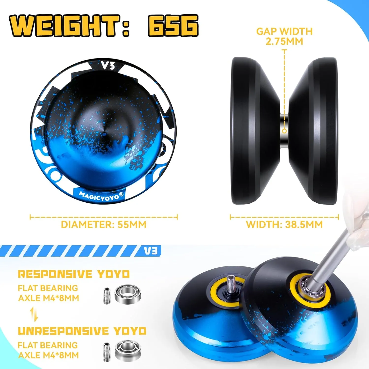 MAGICYOYO V3 Yoyos Professional Responsive Yoyo 2 Pack, Professional Metal Yoyo for Beginner, Dual Purpose Pro Yoyo Toy with KK Bearings   Removal Bearing Tool   Axle   Yo-yo Case   12 Yoyo Strings