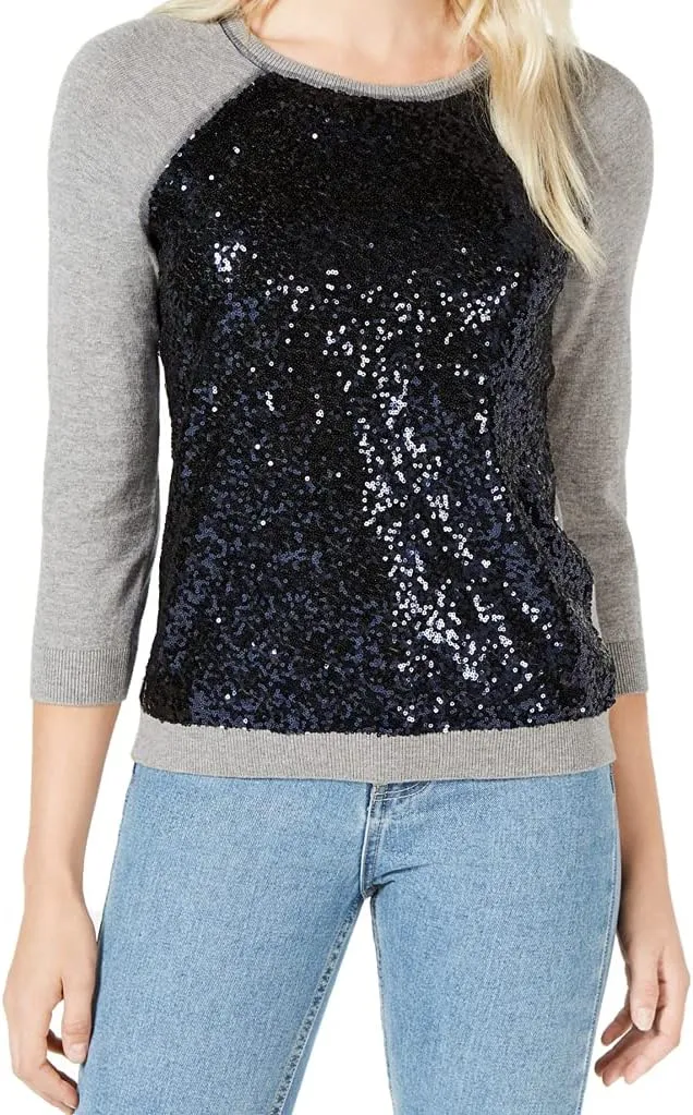Maison Jules $69 Womens New 1156 Gray Sequined Jewel Neck Long Sleeve Top S B B