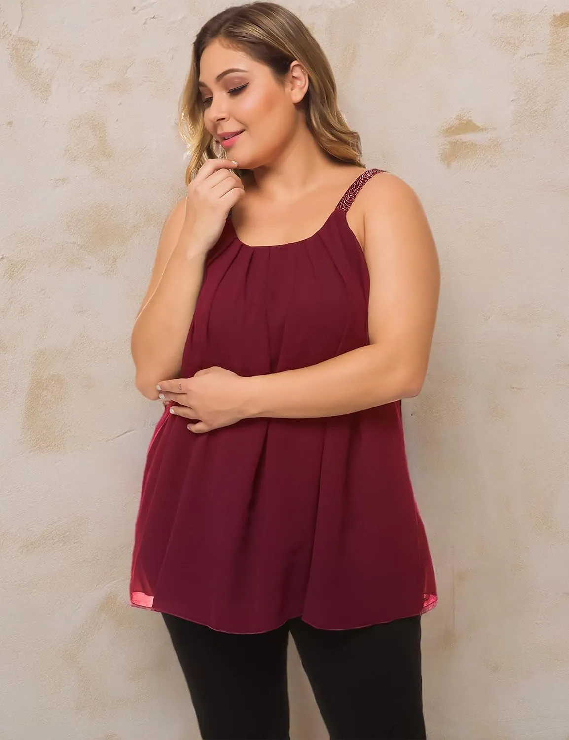 MANER Women's Plus Size Cami Casual Pleated Chiffon Tank Top with Beaded Strap