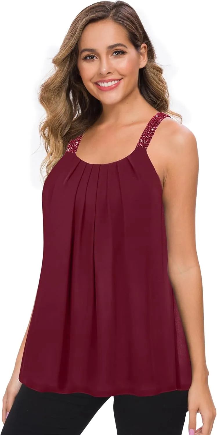 MANER Women's Plus Size Cami Casual Pleated Chiffon Tank Top with Beaded Strap