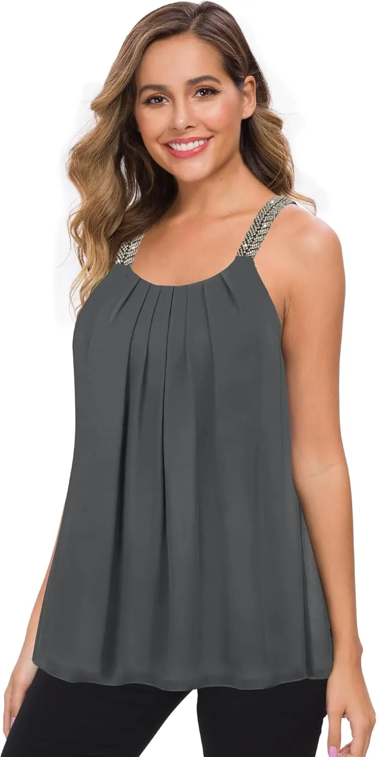 MANER Women's Plus Size Cami Casual Pleated Chiffon Tank Top with Beaded Strap